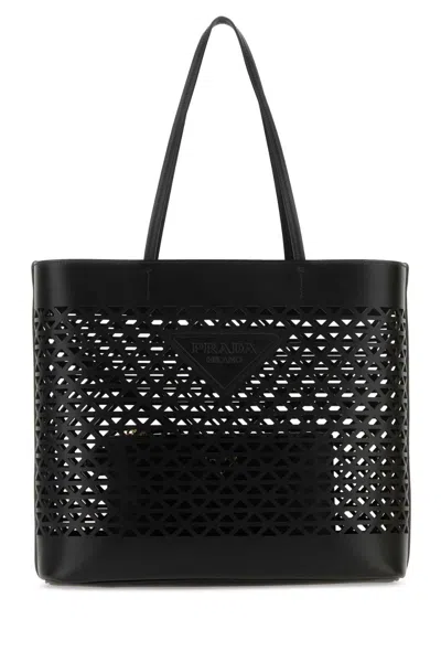 Prada Leather Shopping Handbag With Short Handle In Black