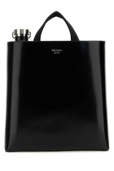 Prada Black Leather Shopping Bag In Brown