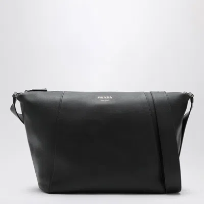 Prada Logo Print Leather Messenger Bag In Black
