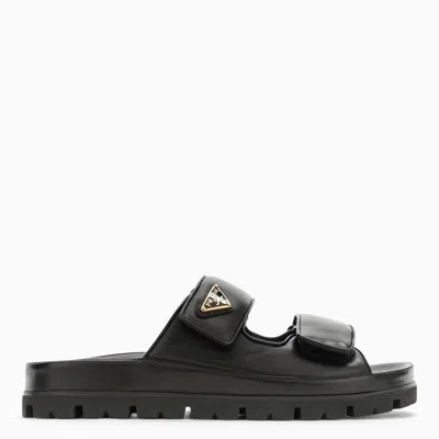 Prada Black Leather Slide With Triangle Logo Women In Brown