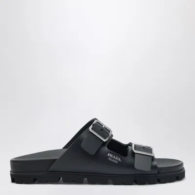 PRADA PRADA BLACK LEATHER SLIDER SANDALS