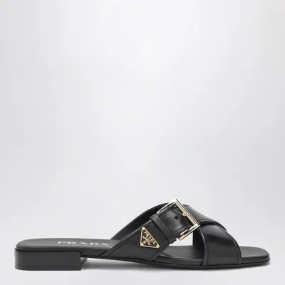Prada Black Leather Slider Sandals With Buckle