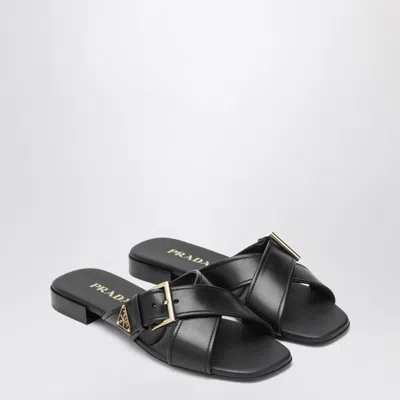 Prada Black Leather Slider Sandals With Buckle