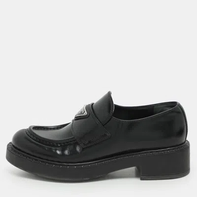 Pre-owned Prada Black Leather Slip On Loafers Size 35.5