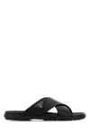 Prada Crisscross Logo-triangle Leather Sandals In Black