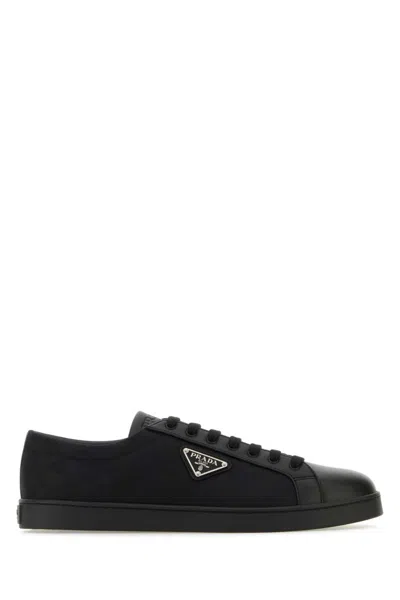Prada Leather And Nylon Round Toe Sneakers In Black