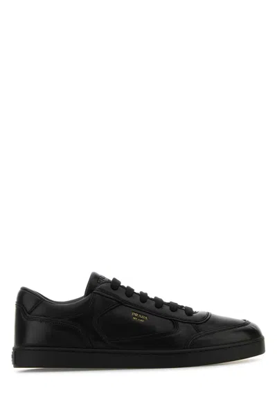 Prada Leather Sneakers With Flat Sole And Round Toe In Black