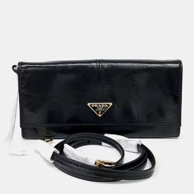Pre-owned Prada Black Leather Strap Long Wallet