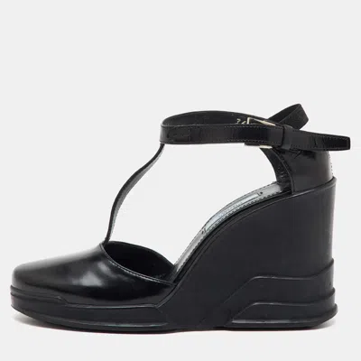 Pre-owned Prada Black Leather T-strap Platform Wedge Sandals Size 36