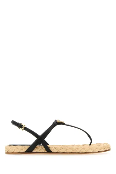 PRADA PRADA BLACK LEATHER THONG SANDALS