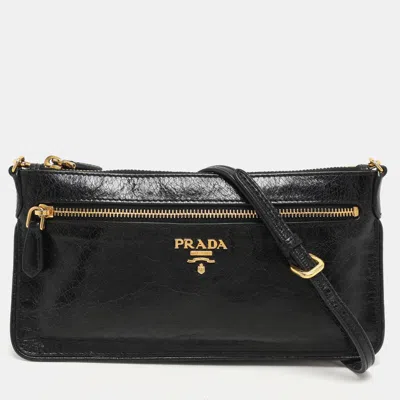 Pre-owned Prada Black Leather Top Zip Clutch