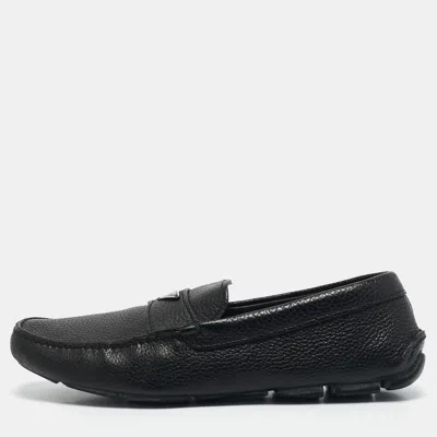 Pre-owned Prada Black Leather Triangle Logo Driver Slip On Loafers Size 43.5