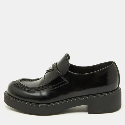 Pre-owned Prada Black Leather Triangle Logo Monolith Platform Loafers Size 37