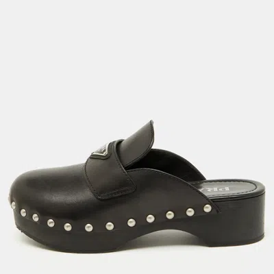 Pre-owned Prada Black Leather Triangle Logo Studded Platform Clogs Size 38