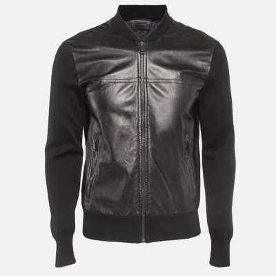 Pre-owned Prada Black Leather Trim Wool Zipper Jacket L