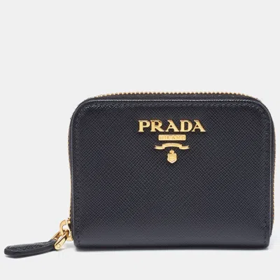 Pre-owned Prada Black Leather Zip Around Compact Wallet