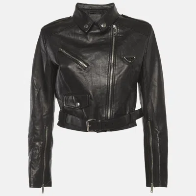 Pre-owned Prada Black Leather Zip Up Biker Jacket M