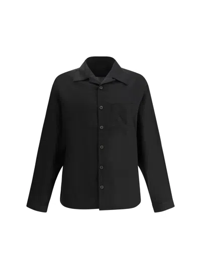 Prada Linen Shirt With Long Sleeves And Patch Pocket In Black