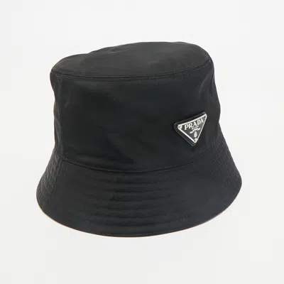 Pre-owned Prada Black Logo Applique Re-nylon Bucket Hat L