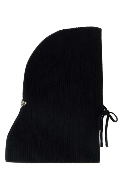 PRADA BLACK LOGO BALACLAVA HAT