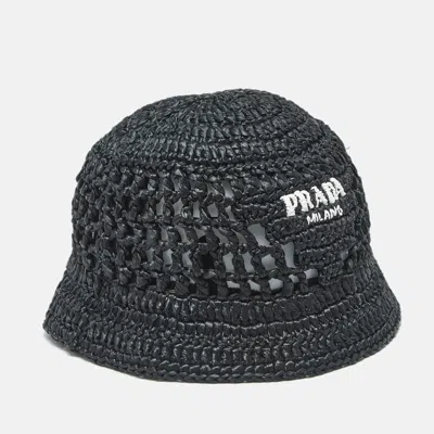Pre-owned Prada Black Logo Crochet Raffia Bucket Hat M