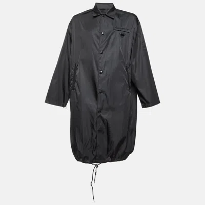 Pre-owned Prada Black Logo Detail Nylon Mid-length Trench Coat Xl