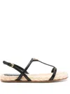 Prada Triangle Logo Raffia And Leather Flat Sandals In Black