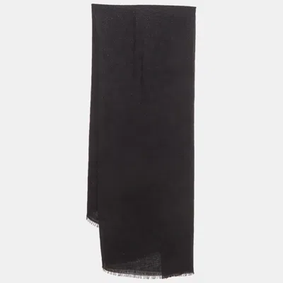 Pre-owned Prada Black Logo Geometric Jacquard Knit Wool And Silk Fringe Scarf