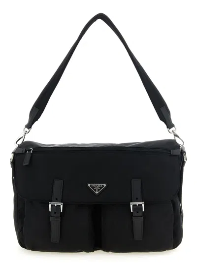 Prada Practical Canvas Travel Handbag 36cm X 25cm X 17cm With Adjustable Shoulder Strap In Black