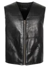 Prada Sleeveless V-neck Leather Vest With Raised Stitching In Black
