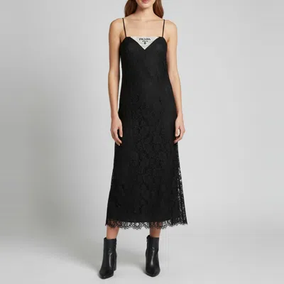 Pre-owned Prada Black Logo Print Floral Lace Slip Midi Dress S
