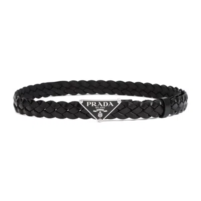 Prada Black Logo Woven Leather Belt