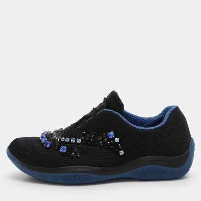 Pre-owned Prada Black Mesh Crystal Embellished Slip On Sneakers Size 36