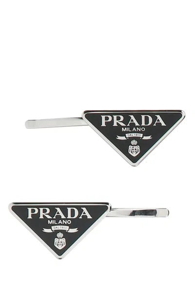 Prada Womens Black Logo-plaque Silver-toned Metal Hair Clips Set Of Two