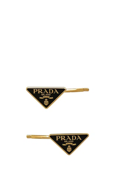 Prada Black Metal Hair Clip Set In Gold