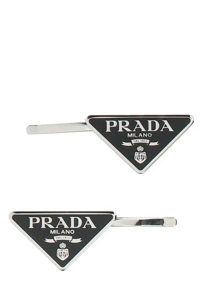 Prada Black Metal Hair Clip Set In Silver