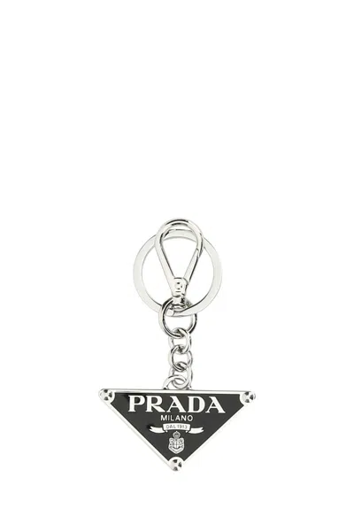 Prada Two-tone Leather And Metal Keychain In Silver