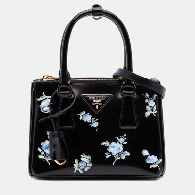 Pre-owned Prada Black Mini Brushed Leather Floral Print Galleria Double Zip Satchel