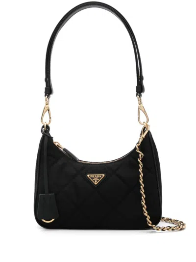 Prada Nylon Quilted Shoulder Bag With Chain Detail In Black