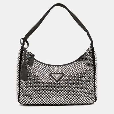 Pre-owned Prada Black Mini Satin Crystal Re Edition 2000 Shoulder Bag
