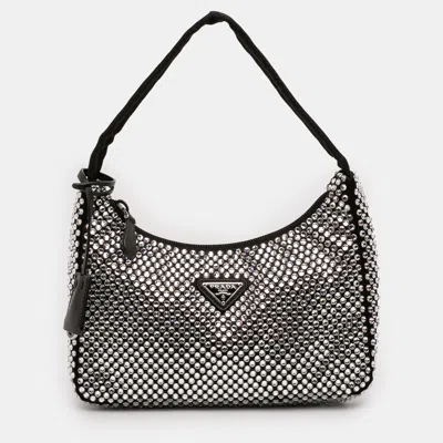 Pre-owned Prada Black Mini Satin Crystal Re Edition 2000 Shoulder Bag