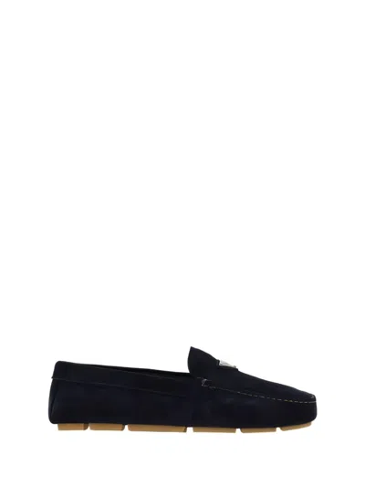 Prada Black Moccasin Loafers With Logo Embellishment In Blue