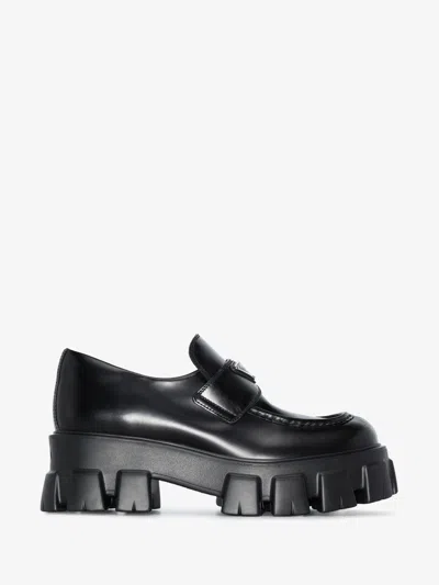 Prada Platform Leather Triangle Logo Loafers In Black