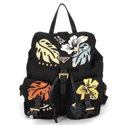 Pre-owned Prada Black Multi-color Nylon Leather Backpack Handbag () In Black, Multi-color