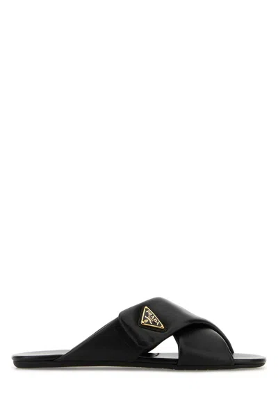 PRADA BLACK NAPPA LEATHER SLIPPERS