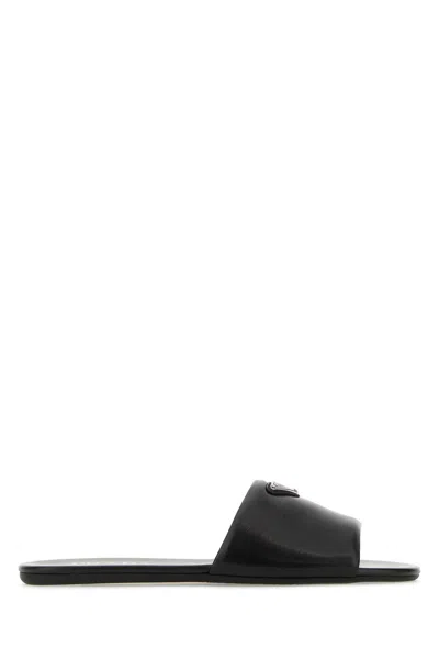 Prada Black Nappa Leather Slippers In Nero