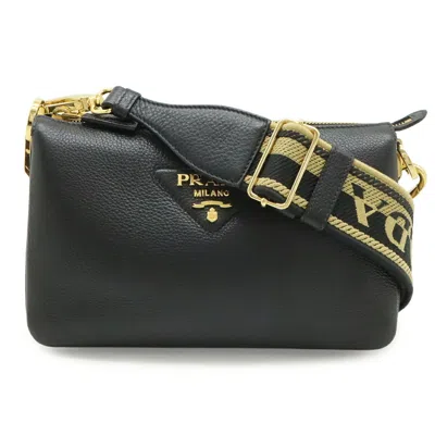 Pre-owned Prada Black Nero White Leather Clutch Bag Shoulder Bag () In Black, Nero, White