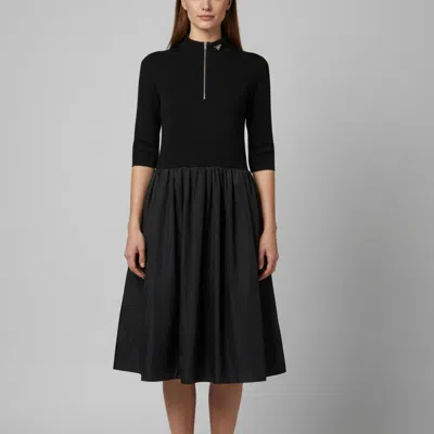 Pre-owned Prada Black Nylon And Knit Flared Midi Dress L