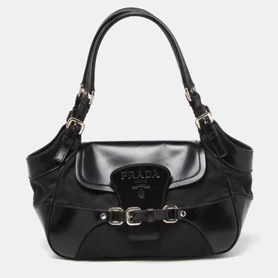 Pre-owned Prada Black Nylon And Leather Buckle Flap Satchel
