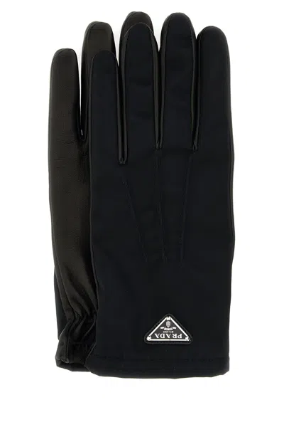 Prada Nylon And Nappa Leather Gloves In Black